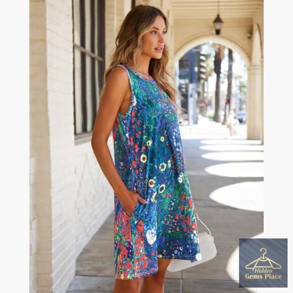 Floral Print Sleeveless Sundress with Pockets Loose Fit Summer Casual - Picture 5 of 7